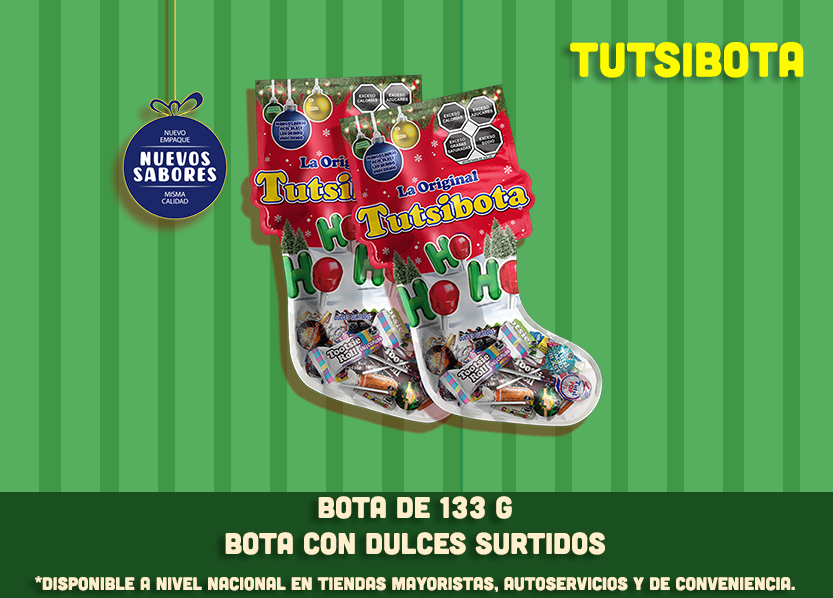 Tutsi Bota de 133g, con dulces surtidos. Disponibles en tiendas mayoristas y autoservicios
