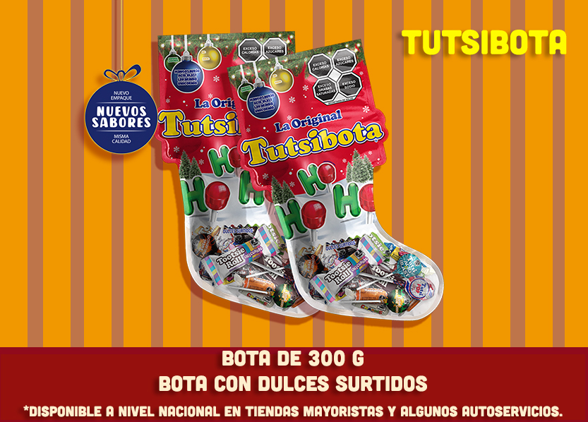 Tutsi Bota de 300g, con dulces surtidos. Disponibles en tiendas mayoristas y algunos autoservicios