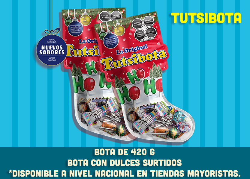 Tutsi Bota de 420g, con dulces surtidos. Disponibles en tiendas mayoristas