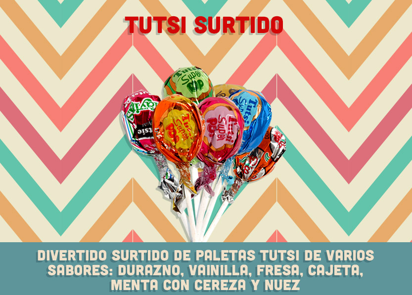 Surtido explosión de sabor, Divertido surtido de paletas tutsi de varios sabores: durazno, vainilla, fresa, cajeta, menta con cereza y nuez